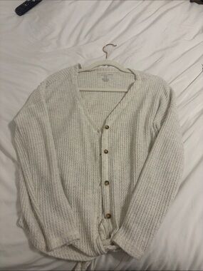 American Eagle Outfitters Cream Waffle-Knit Button Cardigan
